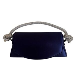 Elegant Navy Blue Satin Clutch with Pave Crystal Mesh Handle & Snap Closure
